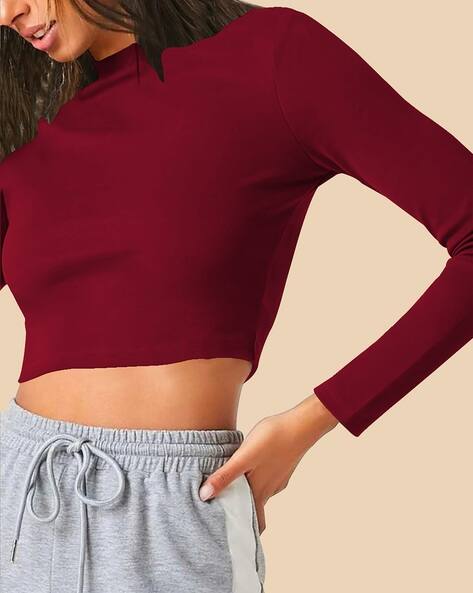 DREAM BEAUTY FASHION Round-Neck Full-Sleeve Crop Top