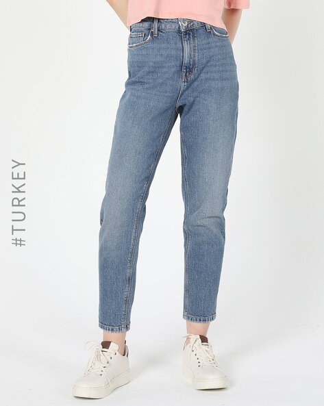 Mom Fit High waist Destroyed hems Jeans | Medium Blue | ONLY®-pokeht.vn