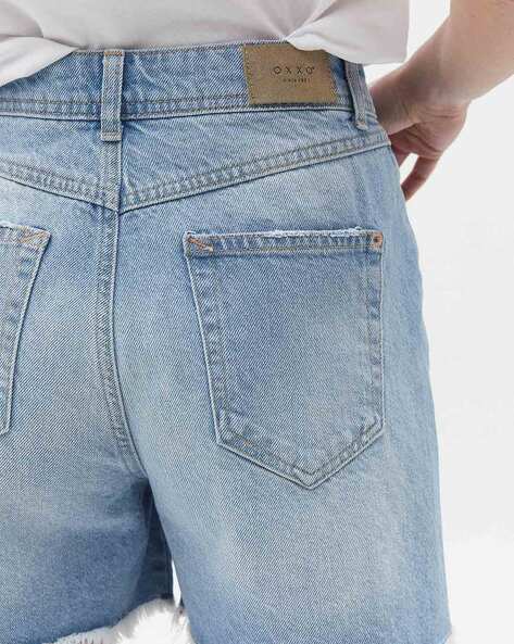 Light-Distress Frayed Hem Denim Shorts