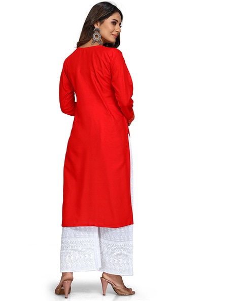 Blended Cotton Kurta Palazzo Set in Red | Designer dresses online, Kurti  designs party wear, Kurta designs