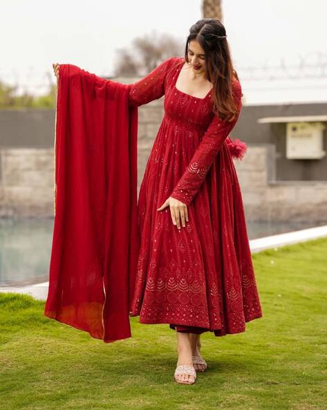 In Style Deep Red Anarkali Suit with Sequins LSTV113068