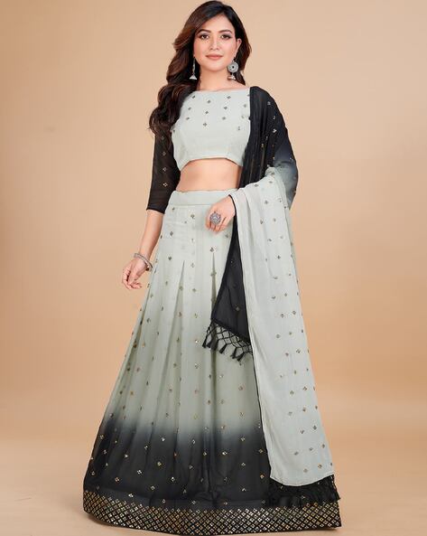 Buy Taupe Grey Lehenga In Resham Embroidered Net And Dupatta With  Contrasting Black Crop Top Online - Kalki Fashion