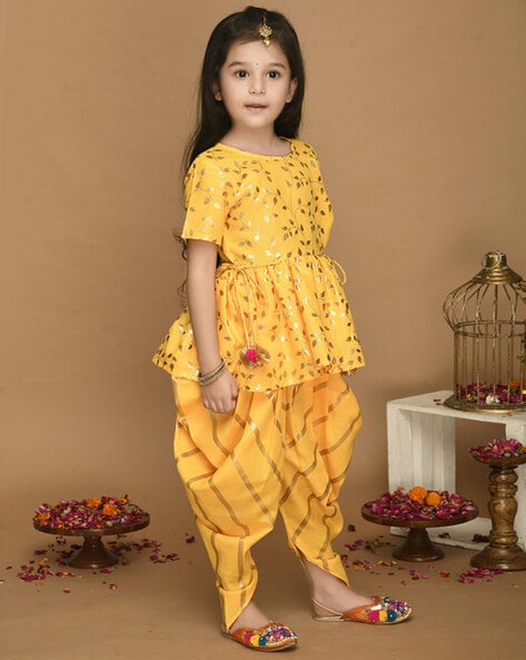 Buy White Cotton Printed And Embellished Peplum Kurta & Dhoti Pant Set For  Girls by FAYON KIDS Online at Aza Fashions.