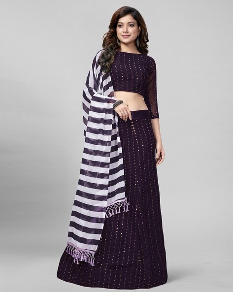 Embroidered Velvet Lehenga in Purple : LGA566