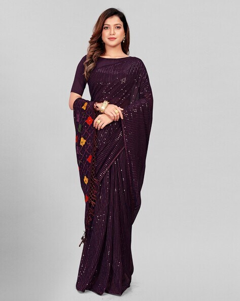 Deep Purple Hand Embroidered Saree Set Design by aarti Sethia at Pernia's  Pop Up Shop 2024