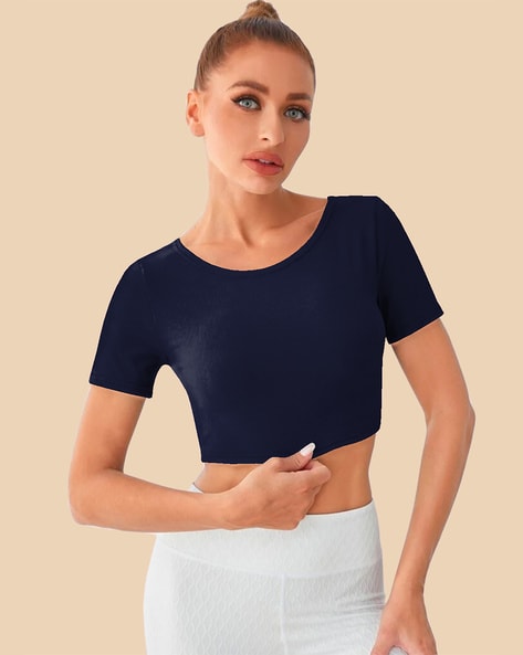 Buy DREAMING IN BLUE, RIBBED KNIT, SQUARE NECK, FULL SLEEVES, CROP TOP for  Women Online in India