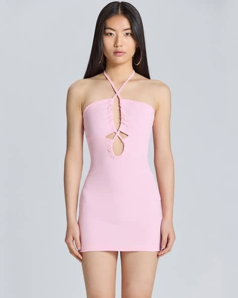 strapless open back dress Light Show Blush Pink Embellished Cowl-Neck Mini Dress – Club L London main image 0