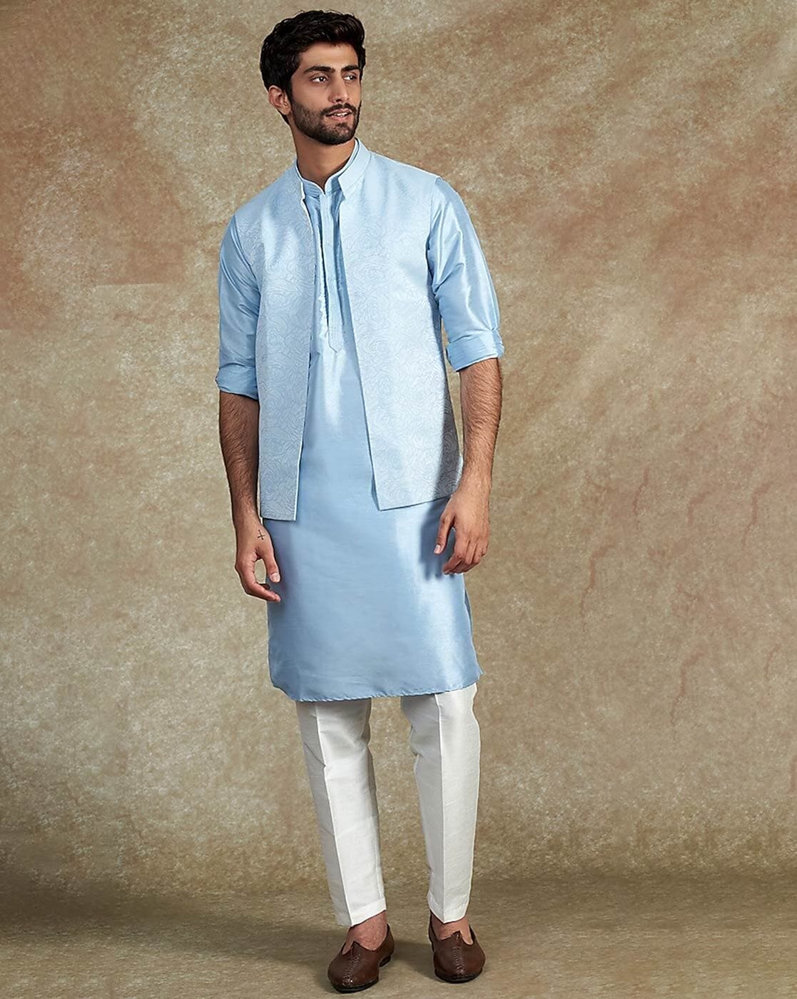 Mens Blue Color Silk Kurta Pajama with Brocade Modi Jacket –  ShopBollyWear.Com