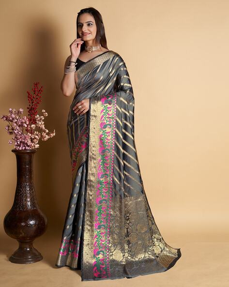 Buy Grey Silk Banarasi Woven Rena Metallic Saree With Running Blouse For  Women by Priyanka Raajiv Online at Aza Fashions.