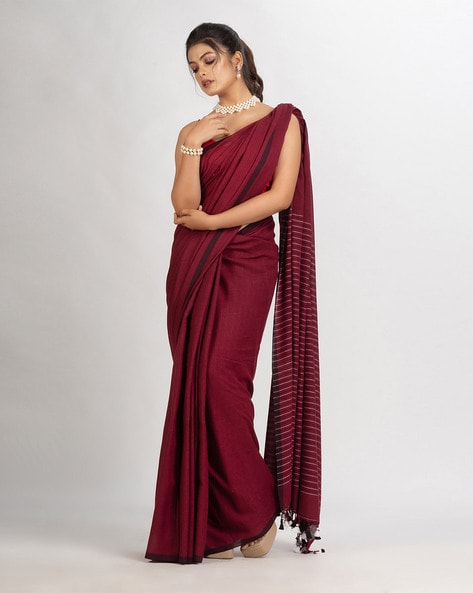 Maroon Handloom Silk Contemporary Style Saree For Reception