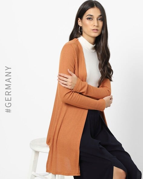 Waffle-Knit Open-Front Longline Cardigan