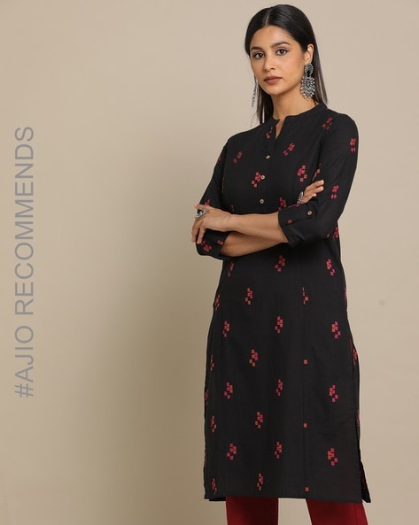 Printed Straight Kurta with Mandarin Collar