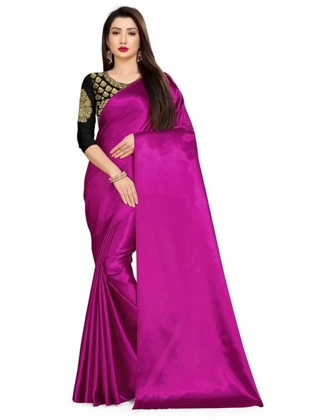 Dark hot pink plain georgette saree with blouse - Multi retail - 3230955