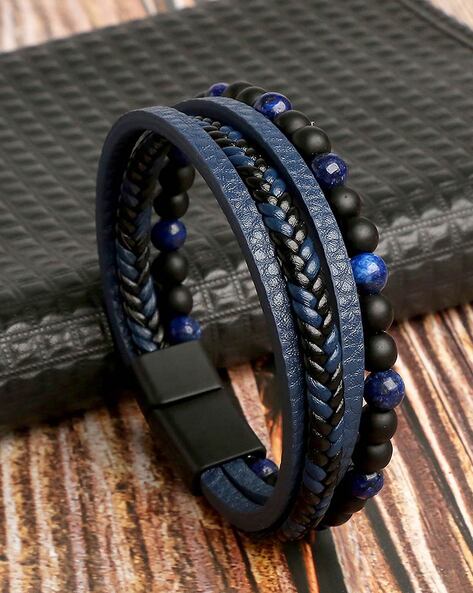 Blue, Gray, & White Fire Agate Mens Bracelet | Dripping in Gems