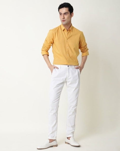 Rare Rabbit Men's Fullslee Yellow Cotton Fabric Full Sleeves Solid Shi