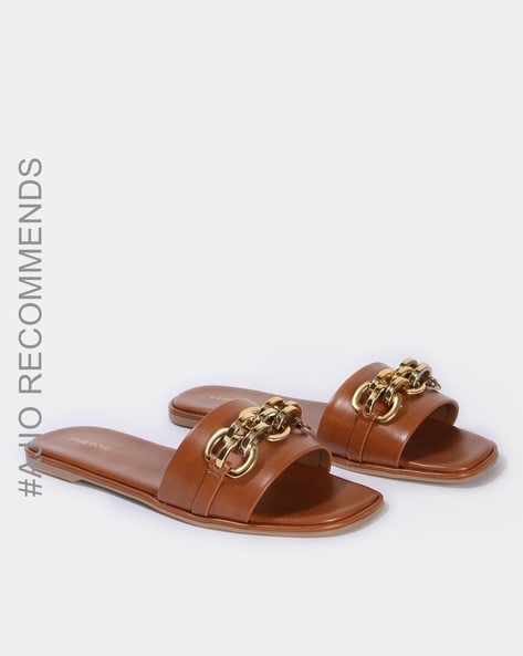 New Women's Gold Oversized Chain Slide Flat Sandals Flip Flops Open Toe  Studded | eBay