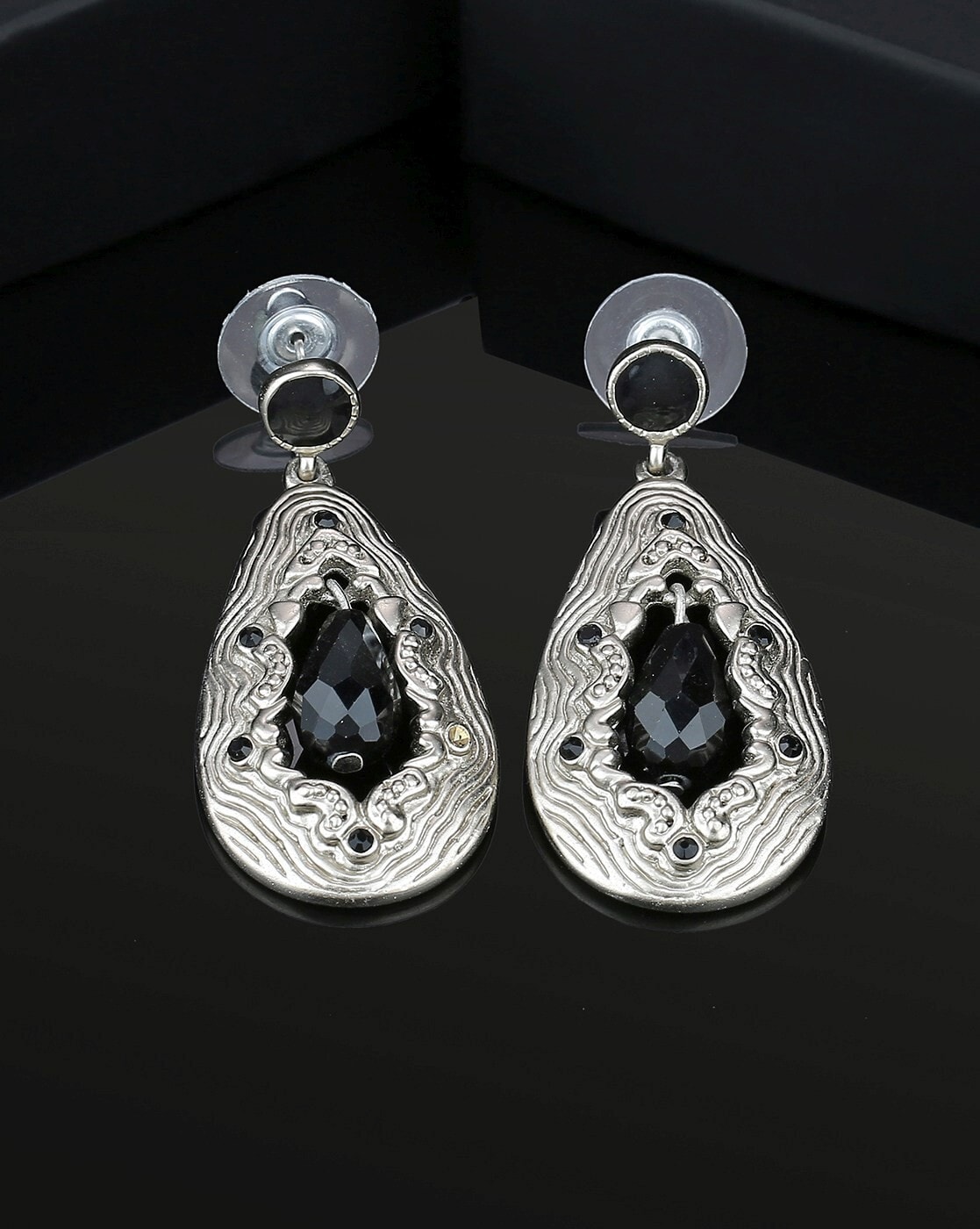 925 Sterling Silver Tribal DropDangle Earrings With Black Onyx Stones