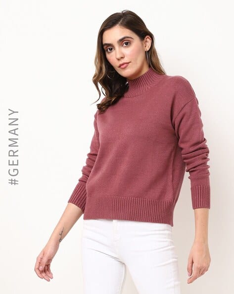 High-Neck Pullover with Ribbed Hems