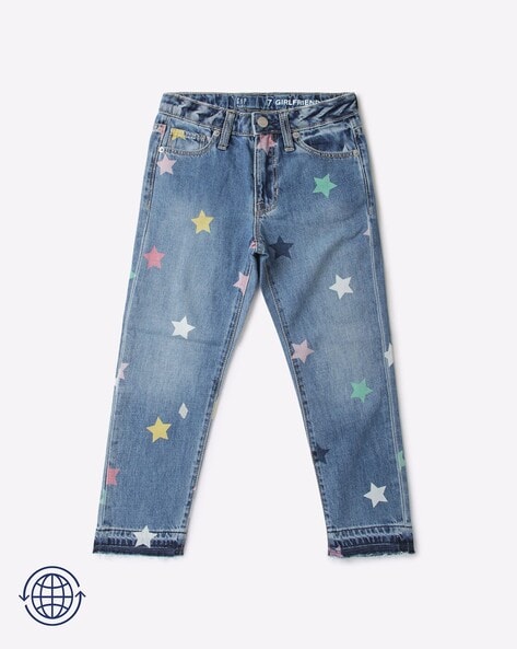 Star Print Denim Jeans, Blue Star Print Jeans