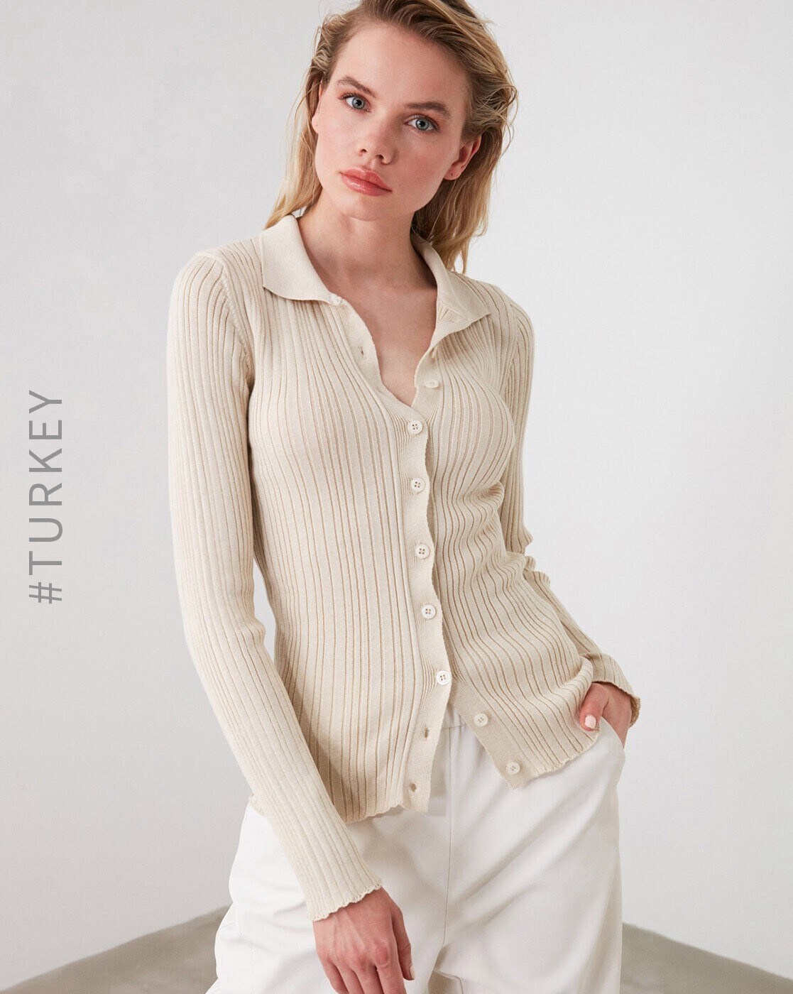 Beige Striped Long Sleeve Ribbed Trim Button Cardigan