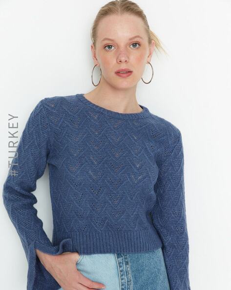 Pointelle-Knit Round-Neck Pullover