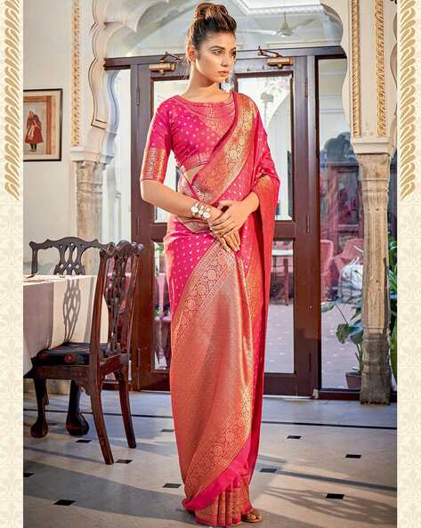 Calm Pink Color Light Weight Soft Banarasi Silk Saree with Golden Zari Work  - Navshtri Family