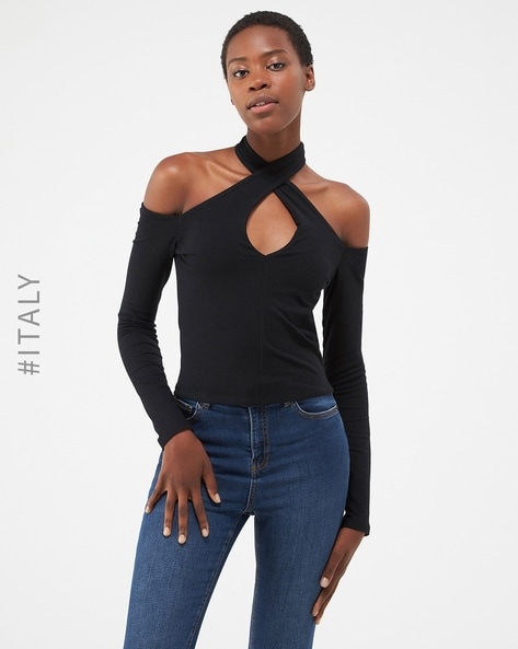Zoe Grey Blue Recycled Rib Tie Front Cut Out Detail High Neck Crop Top