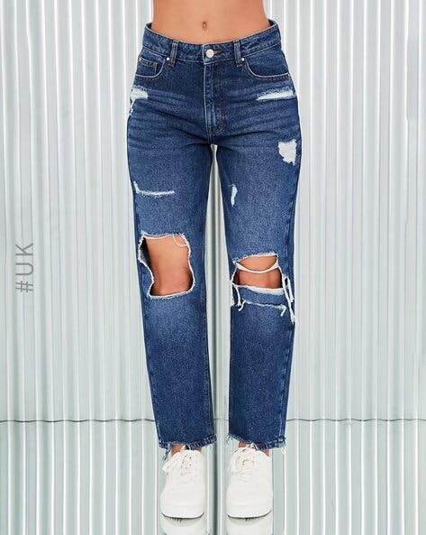 Buy STRAIGHT RIPPED BLUE HIGH-WAIST JEANS for Women Online in India