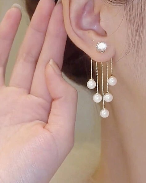 S925 Silver Needle Gold Plated Long Tassel Pearl Drop Korean Earrings