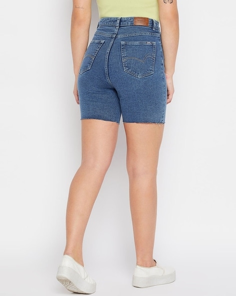 Mid-Rise Denim Shorts with Frayed Hem