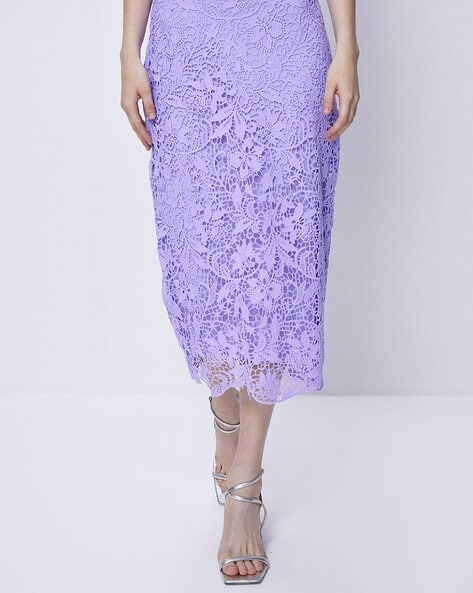 Ajio Purple Lace Skirt Lace Straight Skirt With Elasticated Waist