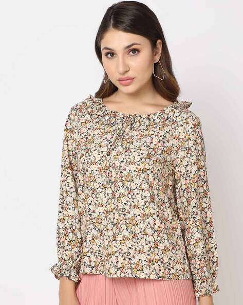 Floral Print Top with Tie-Up Neck