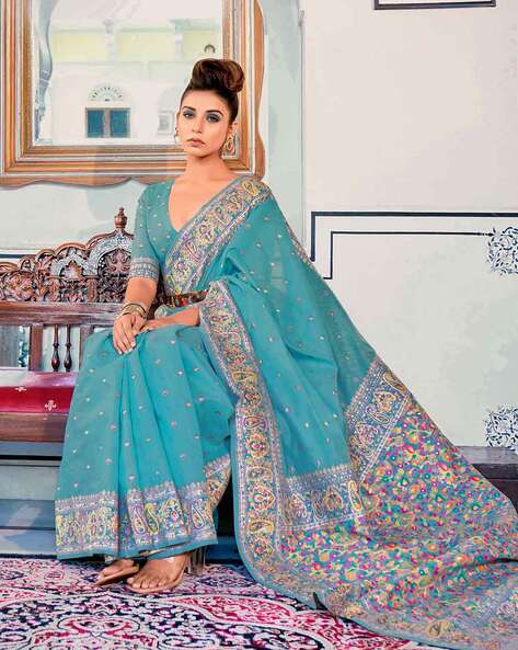 CHARUKRITI Sky Blue Silk Printed Saree With Unstitched Blouse