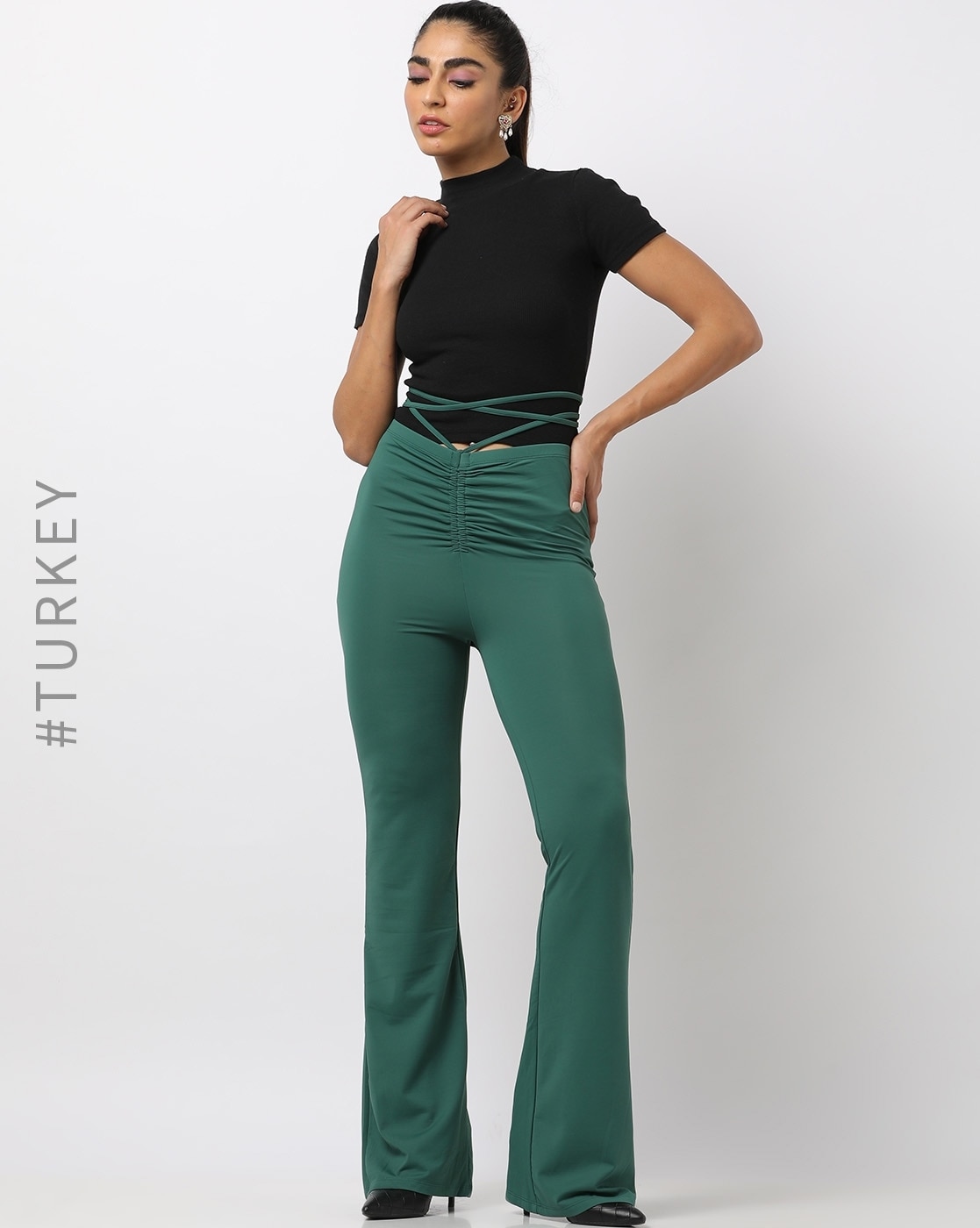 Buy 4 Way Stretch High waist trousers- Forest Green Online | Urban Poche