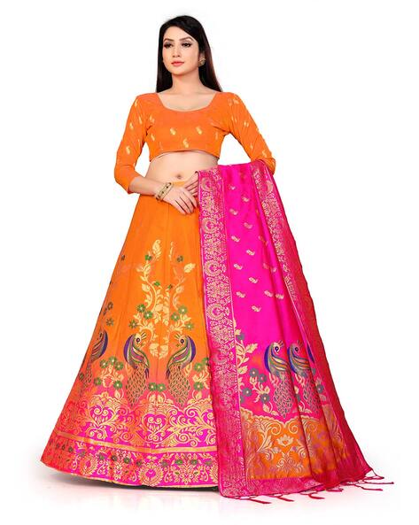 Buy Peach and Pink Banarasi Silk Designer Lehenga Choli Online