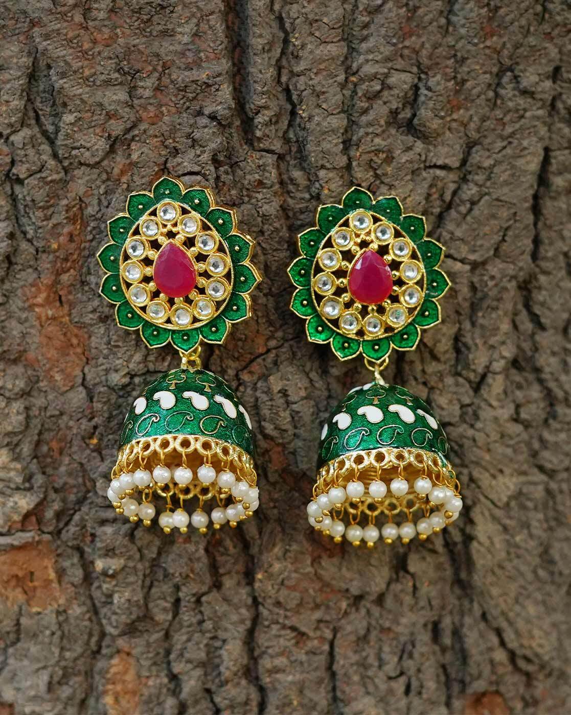 Ganesha Green agate dangler antique golden earrings at ₹1090 | Azilaa