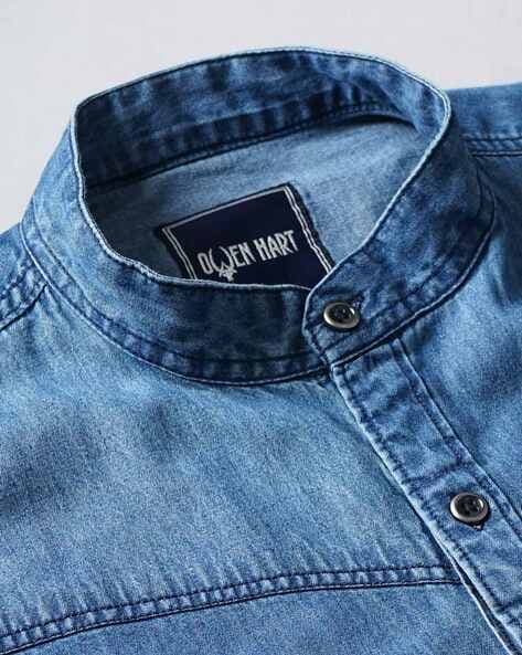 Denim Shirt Slim Fit Grandad Collar Indigo Blue Mens Shirts Summer Shirt  Gift for Men - Etsy