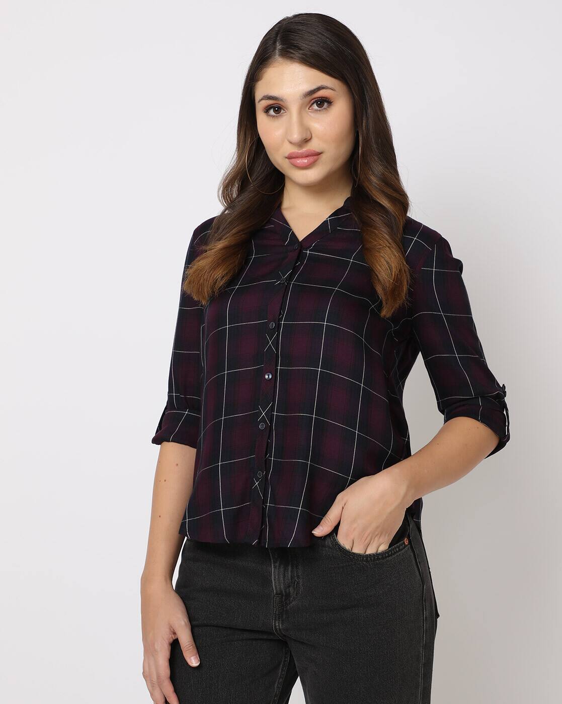トップス andmary Nancy check tops black Nancy check tops
