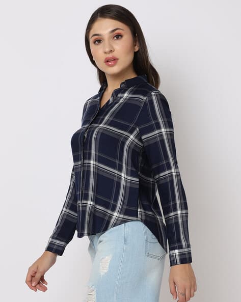 Checked Shirt with Curved Hemline