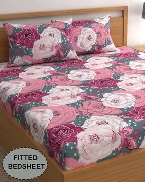 cg homes 180 TC Floral Print Double Fitted Bedsheet with Pillow Covers-picture-49