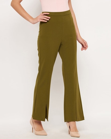 Olive Green Zip Up Flare Trousers