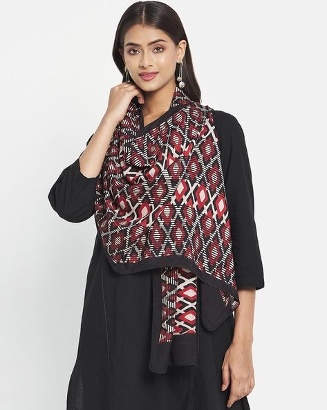 Women Geometric Print Stole with Stitched Border Price in India