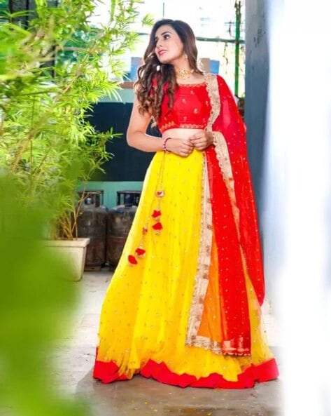 Mustard Yellow and Red Brocade with Zari Lehenga | Party wear lehenga,  Latest bridal lehenga, Saree trends