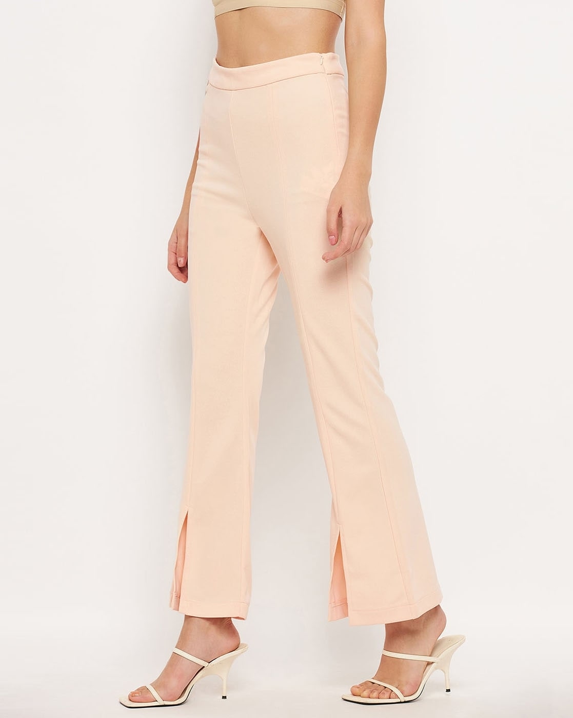 Buy Madame Beige Solid Boot Cut Fit Trousers online