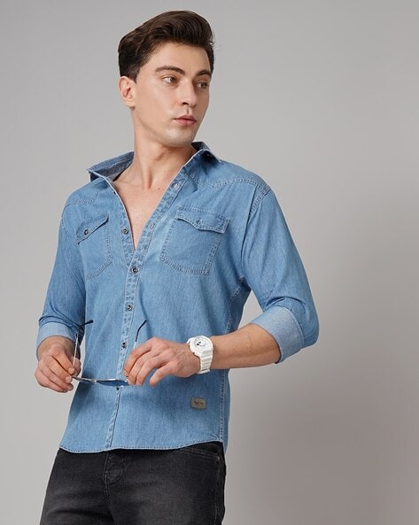 Buy Roadster Men Blue Regular Fit Ice Wash Denim Shirt - Shirts for Men  8218017 | Myntra