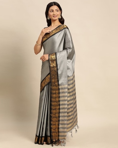 Grey Silk Saree With Fancy Gold Border
