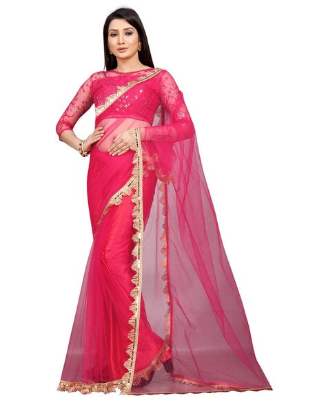 Pink Chiffon Plain Saree with Contrast Sequins Worked Lace 