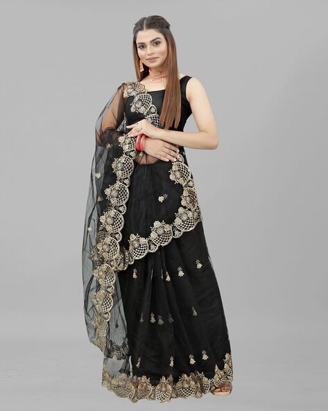 Shine Golden Sequence Border Work Black Color Saree – Vastra Shop