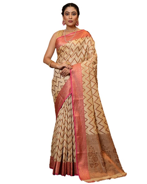 Cream Gold with Pink Border Kanchivaram Silk Saree - Kuberan Silks