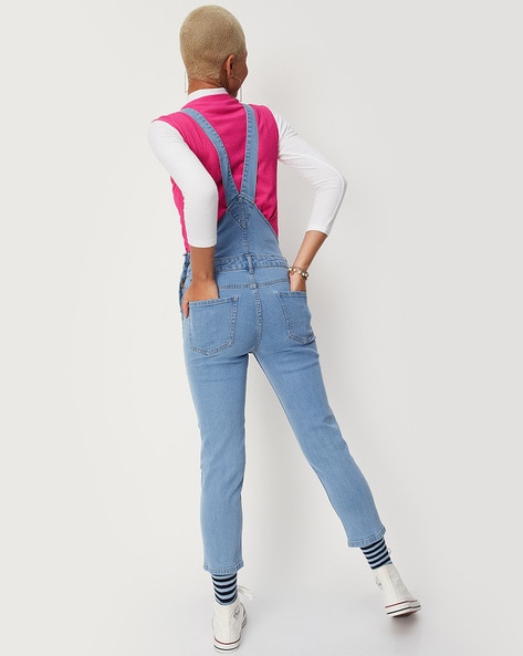 Monki relaxed dungarees with contrast detail in light wash denim | ASOS